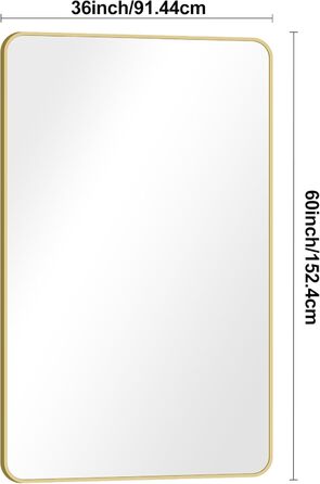 Дзеркало для ванної кімнати BONEWEI, 61 x 121,9 см, прямокутне, для монтажу на стіну, з рамою, косметичне дзеркало з округлими кутами, для спальні, вітальні, передпокою, горизонтальне (Золотий, 150x90 см)