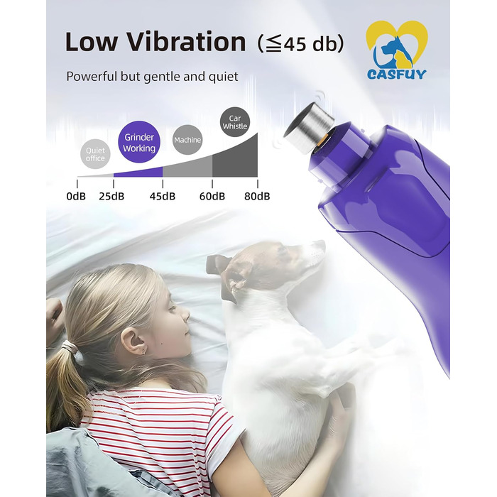 Електричний точилка для кігтів собак Casfuy - 6 режимів, 45 dB, з LED-підсвіткою, для великих, середніх та маленьких собак, з захистом від пилу (білий, фіолетовий)