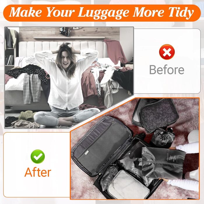 Органайзер для валізи Zorplex, набір 10 шт: кубики для пакування, аксесуари для подорожей, чохли для одягу, взуття та косметики (чорний)