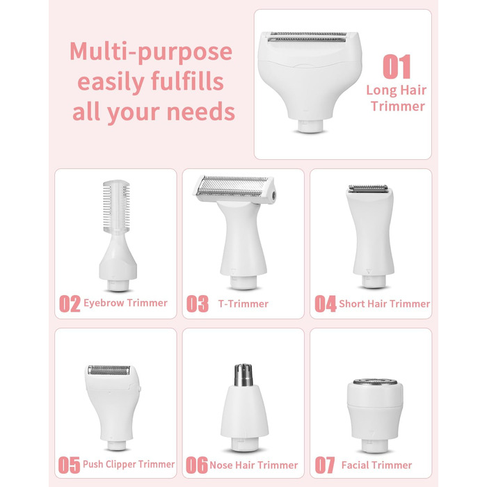 Набір для епіляції та стрижки 7-в-1 для жінок: тример для обличчя, бікіні, під пахвами, носа. USB, водонепроникний, портативний.