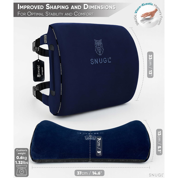 Подушка для попереку SNUGL для офісного крісла, ортопедична подушка з піни Memory Foam для підтримки спини, коректор постави для жінок та чоловіків, автомобільна подушка (Темно-синій)