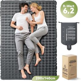 Каремат туристичний HIKENTURE 6.2 R-Wert для 2 осіб, 8 см, надувний, 140x200 см, для 4 сезонів, для кемпінгу, трекінгу, намету, пляжу