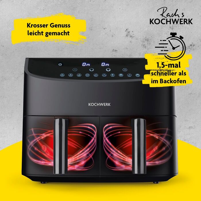 Двокамерна аерофритюрниця Rachs KOCHWERK 7 л, цифрова, сенсорна панель, 10 програм, 2 камери по 3,5 л, нержавіюча сталь, без масла, Smart-Cook, 2400 Вт, чорна