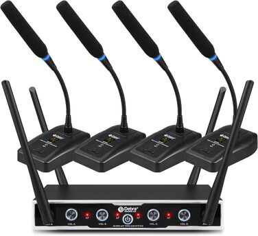 Debra 4-канальний UHF мікрофонний комплект з 16 частотами | 80м радіус дії, 4x Bodypack + мікрофон-гарнітура/петличний | Професійний звук для співу, караоке та конференцій (4 мікрофони)