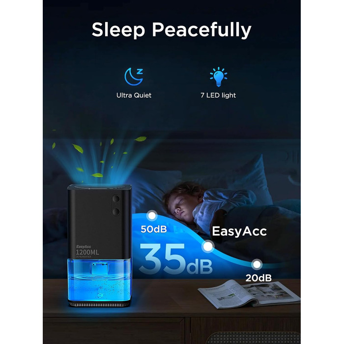 EasyAcc Електричний осушувач повітря 1200 мл, компактний, тихий, портативний, з автовимкненням та режимом сну. Ідеально для дому та офісу (чорний)