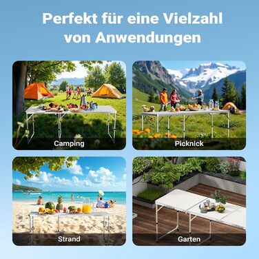 Складаний туристичний стіл 180x60x70 см з регулюванням висоти, алюмінієвий каркас, стільниця МДФ, багатофункціональний, для кемпінгу, саду, дачі