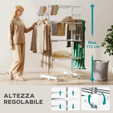 Сушарка для білизни HOMCOM Tower, 4 рівні, з колесами, біла - 142x55x172 см