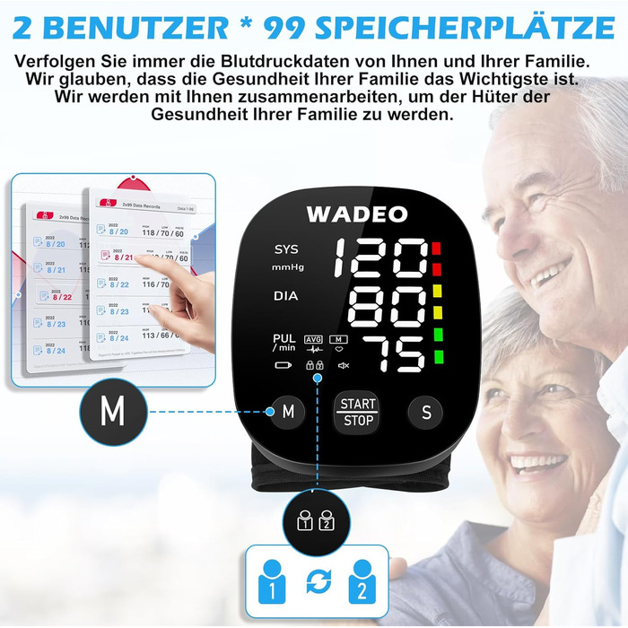 Цифровий тонометр WADEO на зап'ясті, мовлення 5 мовами, виявлення аритмії, портативний тонометр для дому та подорожей, 2 x 99 пам'ять, з батарейками та коробкою для зберігання, білий (чорний)