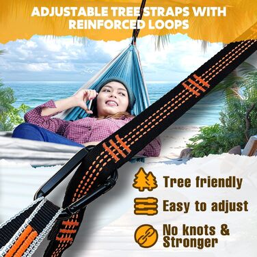 Гамак для кемпінгу NATUREFUN Ultraleicht | 300 кг, 275x140 см, дихаючий, швидковисихаючий, нейлон | 2 карабіни, 2 петлі | для дому, саду, відпочинку