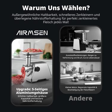М'ясорубка електрична AIRMSEN з насадкою для ковбас, 2 сталеві ножі, 3 диски, насадка Kubbe, потужний мотор, нержавіюча сталь