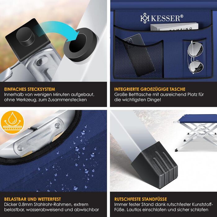 Ліжко туристичне розкладне KESSER® 210 см з сумкою, ліхтарем та кишенями, синій. Витримує 150 кг, сталевий каркас, 600D Oxford