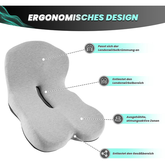 Ортопедична подушка для сидіння Urban Deco з підлокітником, ергономічна спинка з піною з пам'яті, подушка для офісного крісла, автокрісла, інвалідного візка, чорно-сіра, 1 шт. (Сіра)