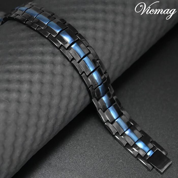 Браслет магнітний чоловічий Vicmag з титанової сталі, подвійний ряд, надміцна магнітна застібка, інструмент для регулювання та подарункова коробка (синє оздоблення)