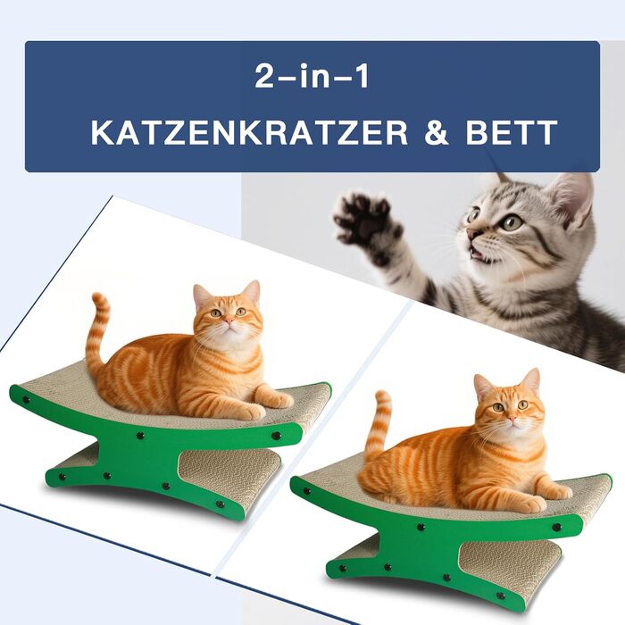 Котячий когтетоп з будиночком - XL когтетоп з подвійною стороною з гофрокартону 56x26x20cm - Стабільне ліжко-лежанка з м'ячем (натуральне дерево)