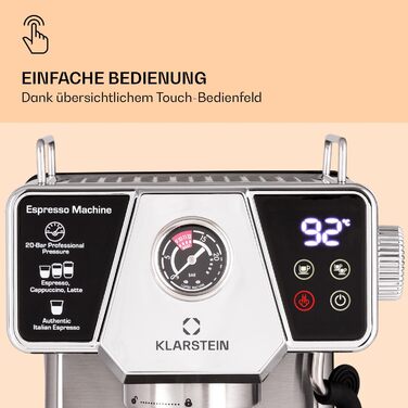 Klarstein Еспресо-машина 1,8 л для 2 чашок, 19 бар, з капучинатором, компактна кавомашина з нержавіючої сталі, 1350 Вт