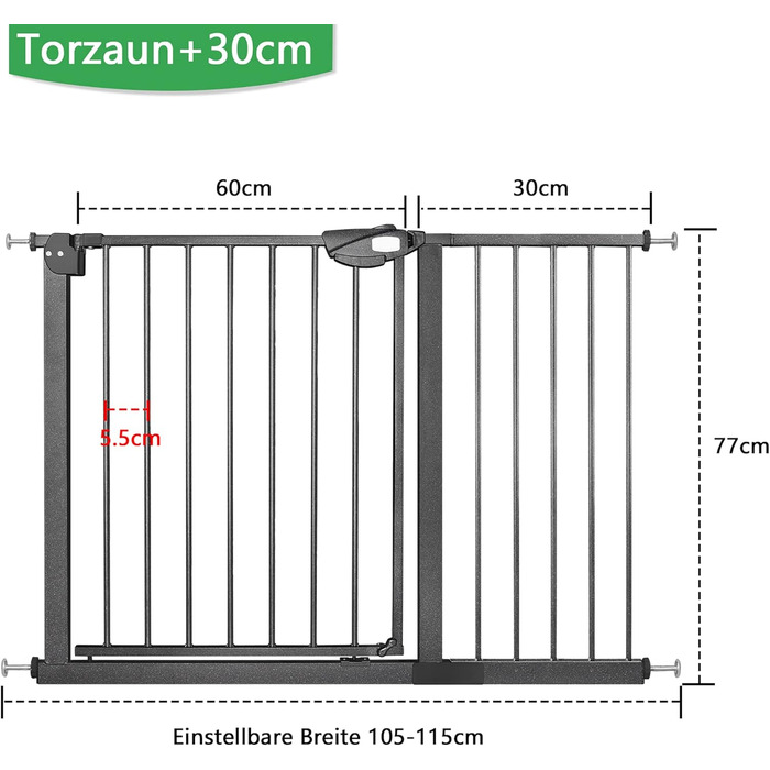 Захист для воріт/сходищ для дітей без свердління, 75-85 см, автоматичне закриття, металеве огорожа (чорний, 105-115 см)