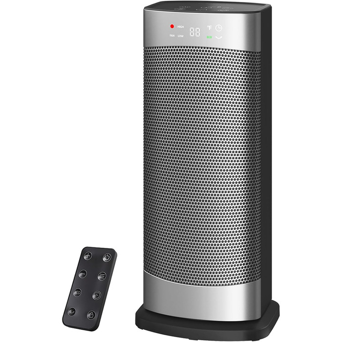 Електричний обігрівач з термостатом 1500W, 70°C, PTC кераміка, тихий, ECO-режим, таймер 24 год, захист від перегріву та перекидання, срібний, 41 см