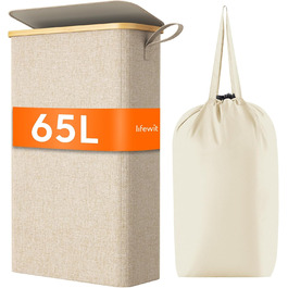 Кошик для білизни Lifewit 65L з кришкою, складаний вузький білизняний контейнер із бамбука з ручкою та мішком для прання, бежевий, для квартири, гуртожитку і кемпера
