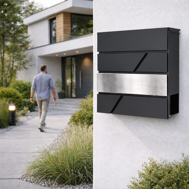 Поштовий ящик Verda з газетницею, нержавіюча сталь, антрацит, 37x37x11 см, з ключами, вікном та табличкою для імені - сучасний вуличний поштовий ящик