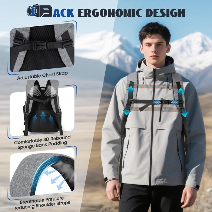 Рюкзак для фотокамери RAINSMORE з відділенням для ноутбука 14 дюймів, сірий. Підходить для Canon, Nikon, Sony (DSLR, SLR)