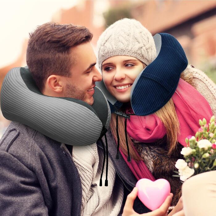 Подушка для шиї у літак 2 шт. Memory Foam, м'яка та підтримуюча, для подорожей, сну, авто, поїздів та дому (Блакитний та Сірий)