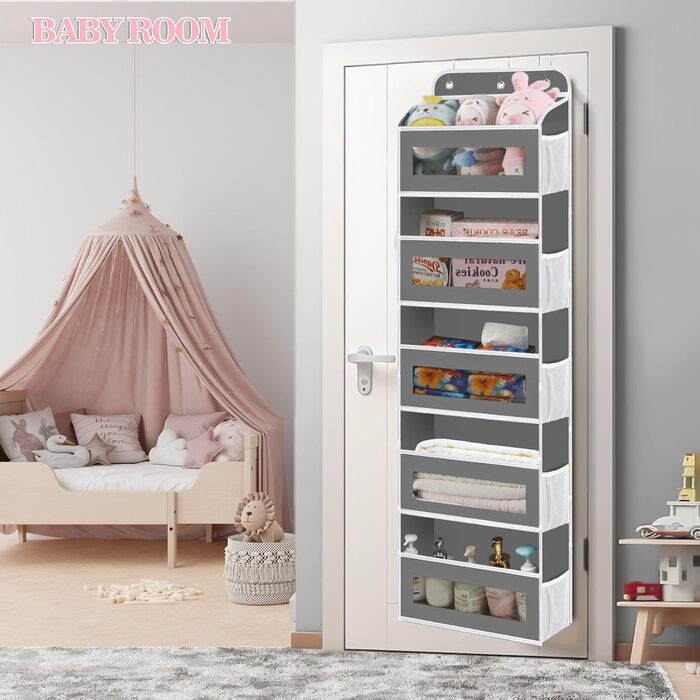 Організатор для дверей з 5 відділеннями, настінна полиця з прозорим вікном для підгузків, іграшок, кемпінгу, ванної кімнати, спальні, 1 шт., темно-сірий
