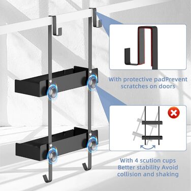 Підставка для душу настінна, полиця для душу з кріпленням для скляних душових кабін, тримач для шампуню в душ, корзина для душу без свердління, чорна з 8 гачками, нержавіюча сталь 65.5x30x11.2 см