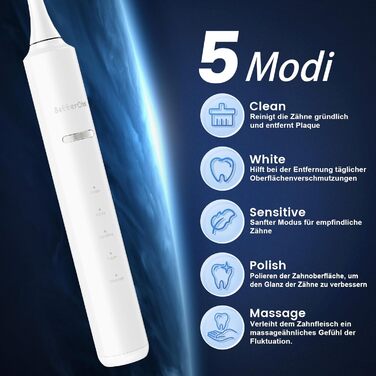 Електрична зубна щітка Betterchoi з магнітною левітацією, 41 000 VPM, 4 насадки, IPX7, 180 днів роботи, 5 режимів, таймер