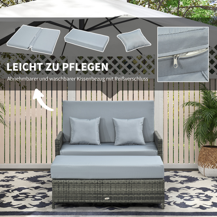 Крісло-диван Polyrattan Outsunny на 2 місця, садовий диван з подушками та пуфом, сірий шезлонг для тераси та балкону