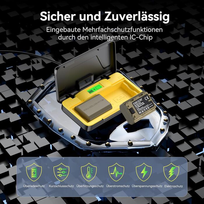 Зарядний комплект ENEGON NP-FZ100 20W для Sony Alpha: A7 IV, A7 III, A9, A9R, A6700, A6600, FX3, FX30, A1 (2 x 3000mAh), з дисплеєм, SD-картридер