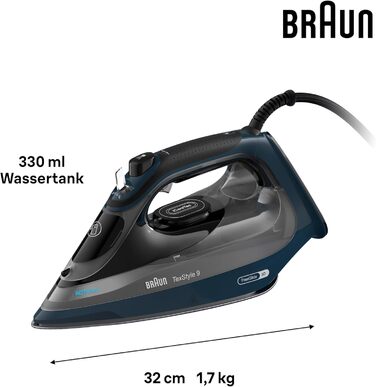 Braun TexStyle 9 SI9682 DB Steam Iron with FreeGlide 3D Technology, Vertical Steam, Anti-Drip Function, Self-Cleaning Function, 330 ml Water Tank, 260 g/min Steam Output, 3200W, Dark Blue