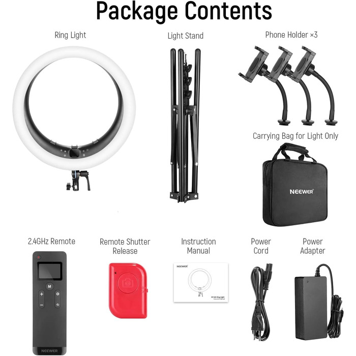 NEEWER Ringlicht RP19H 19 дюймів з триподом та 3 тримачами для телефону, дистанційне керування 2.4G, плавне регулювання яскравості, LCD та сенсорне керування, 42W CRI 97+ 2540 Lux, для стрімінгу, дому, офісу, Zoom, освітлення кільцеве світло з пусковим пр