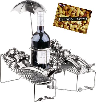 BRUBAKER Wine Bottle Holder - Loving Couple on Vacation - Metal Sculpture Bottle Stand, Reclining Couple Under Palm Tree - Silver Metal Figure Bottle Holder, Wine Gift for Vacationers with Greeting Card