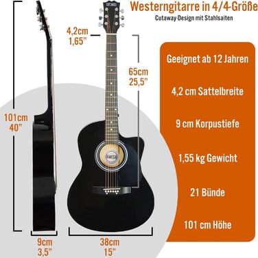 Акустична гітара 3rd Avenue 4/4 з вирізом, для початківців – набір з чохлом, ремінком, медіатором та запасними струнами. Безкоштовні уроки на 6 місяців. Колір: Натуральний (Чорний).