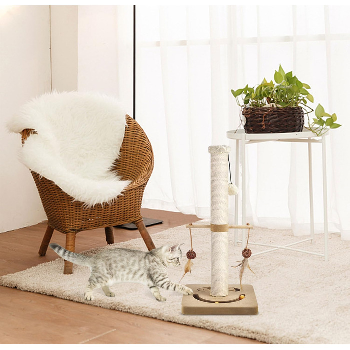 Котяча кігтеточка AUSCAT з іграшками, 63 см, бежева. Кігтеточка-стовп з натурального сизалю в сучасному дизайні