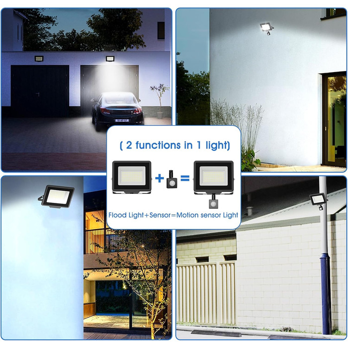 LED Floodlight Outdoor, IP65 Waterproof Outdoor Light LED Floodlight 30000LM Spotlight Floodlight, Outdoor Floodlight for Backyard, Garden, Workshop, Yard, Driveway, Doors, Garage, Hallway (Cool White with Sensor, 50W)