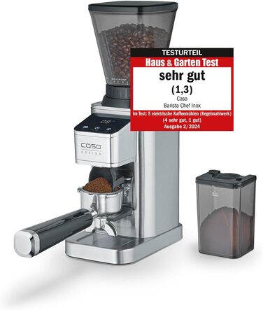 CASO BaristaChef Inox - електрична кавомолка з нержавіючої сталі, 48 ступенів помолу, для еспресо, з тримачем для портафільтра