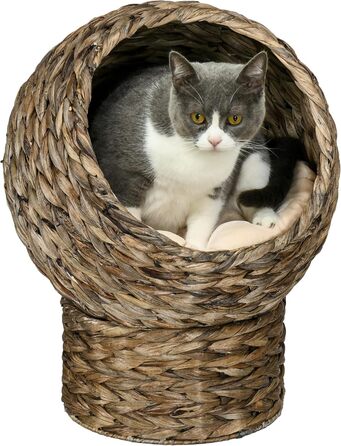 PawHut Rattan Cat Basket Cat Cave Cat House Cat Bed with Cushion Pet Bed Water Hyacinth 42 x 33 x 52 cm (42L x 33W x 52H cm, Coffee)