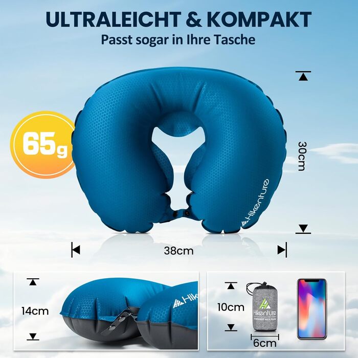 Надувна подушка для шиї HIKENTURE для подорожей літаком, потягом - сірий, темно-синій
