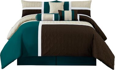 Комплект постільної білизни Chezmoi Collection Upland 7-piece, Patchwork Design, розмір King (Oversized), блакитно-зелений/бежевий/коричневий