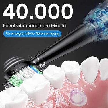 Електрична зубна щітка YUNCHI C2 з 40000 VPM, звукова щітка для дорослих, зарядка USB-C, 55 днів роботи від акумулятора, 5 режимів чищення, таймер 2 хвилини, 8 насадок, дорожній футляр, чорна YUNCHI C2