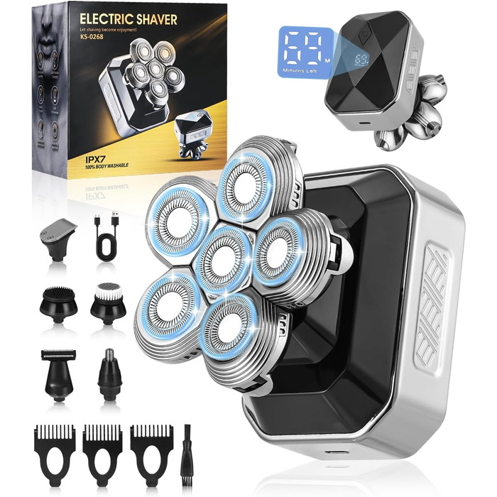 Електричний гоління для чоловіків Glatzen, водонепроникний IPX6, 6D гнучкий гоління, 5 ротаційних голівки, 120 хвилин роботи від акумулятора