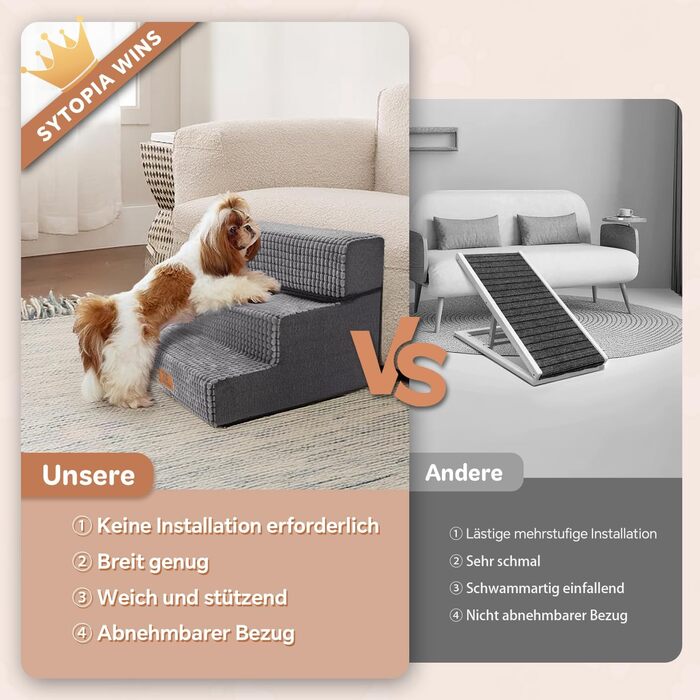 Sytopia dog stairs 40 cm high, 3 steps, dog stairs for bed sofa for small dogs, pet stairs washable, foam stairs, for injured older dogs (34cm height, Grey)