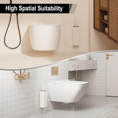 Настінна щітка для туалету BVL, тримач без свердління, 2 насадки, силіконова щітка для унітазу, кутова, білий матовий