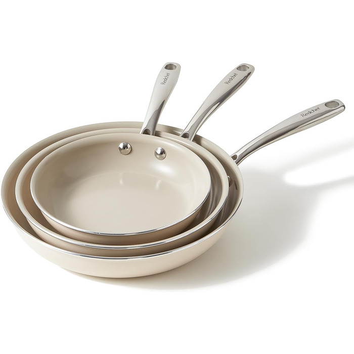 Redchef Non-Stick Frying Pan Set, Ceramic Frying Pan Set, 8, 9.5, 11 inch, Non-Toxic Pans for Cooking, 8.0-10.9 inch Ceramic Fry Pan Set, PFAS, PTFE, and PFOA Free, with Stainless Steel Handle, 8+9.5+11 inch Beige