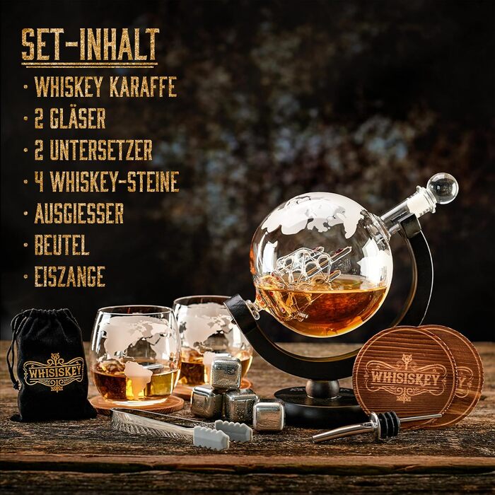 WHISISKEY Whiskey Carafe Set - Whiskey Gift Set - Gifts for Men - Men's Gifts Gift - Birthday Gift for Men - Globe Decanter 900ML, Gift Box, 2 Whiskey Glasses, 4 Whiskey Stones