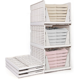 5 Foldable Plastic Storage Boxes, Drawer Box, Stackable Closet Organizer, Shelf Storage Box, Shelf Baskets Closet, Stackable Drawer Storage Boxes, for Kitchen Bedroom, White (Minimalist)