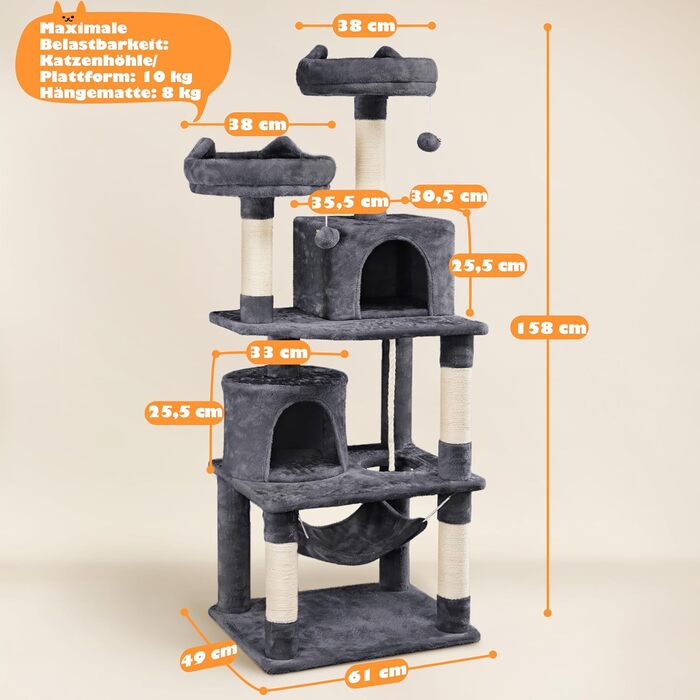 Котячий будиночок Yaheetech XL з когтеточкою, 158 см, сірий. Стабільний, з 2 будиночками та 2 платформами.