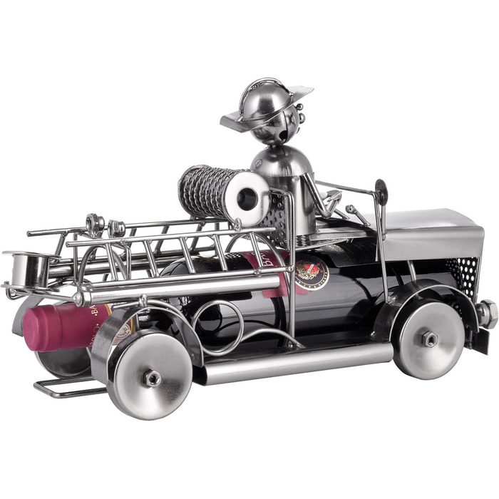 BRUBAKER Wine Bottle Holder Fire Department - Fire Truck Metal Sculpture Bottle Stand - 32 cm Metal Figure Wine Gift for Firefighters - with Greeting Card