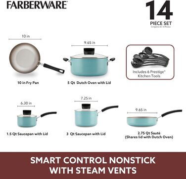 Набір посуду Farberware Smart Control, 14 предметів, антипригарне покриття, колір Аква